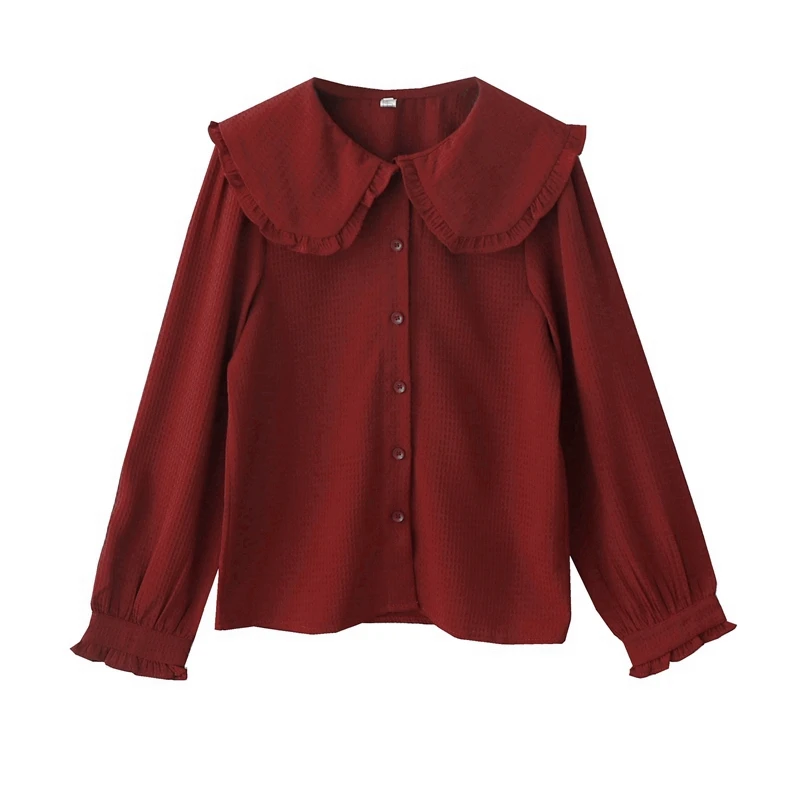 Wiosna nowa koszula z kołnierzykiem Peter-Pan kobiety słodka bluzka z długimi rękawami jednokolorowa jednorzędowa Casual Fashion Elegent krótki Top