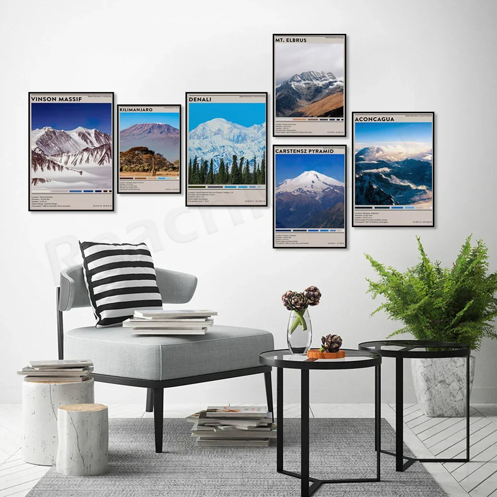 Póster de los siete montes más altos: Monte Kilimanjaro, Aconcagua (Sudamérica), Monte Elbrus, Monte Everest, Pirámide de Carstens