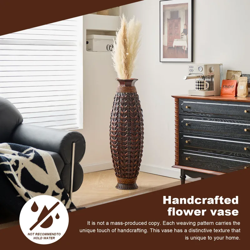 Handwoven Natural Bamboo Floor Vase, 38.97" Tall Boho Decorative Vase for Living Room Entryway, Rustic Farmhouse Woven Vase for Pampas Grass & Dried Branches view 4