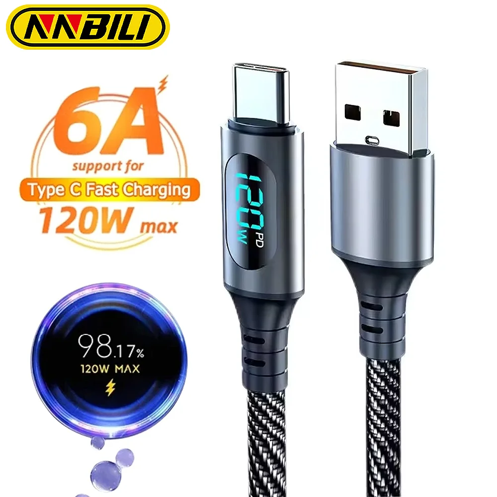 NNBILI 6A 120W USBA do typu C Super szybki kabel do ładowania Nylonowy przewód do transmisji danych dla Xiaomi POCO Samsung z kablem do cyfrowego wyświetlacza LED
