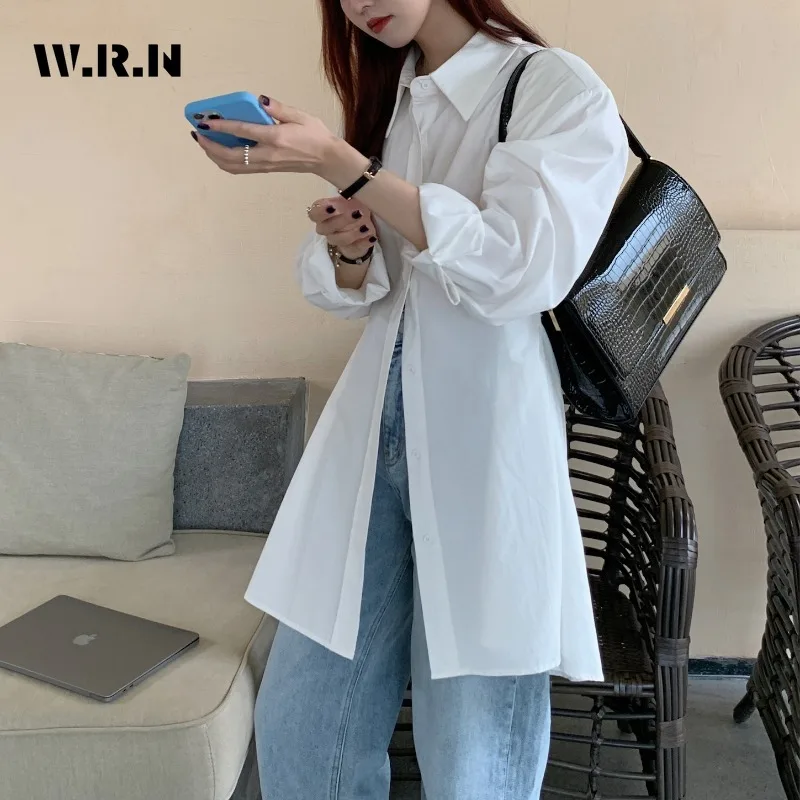 

Casual Korean Style Turn-down Collar Solid Color Blouses 2024 Spring Women Oversized Single Breasted White Long Sleeve Shirts