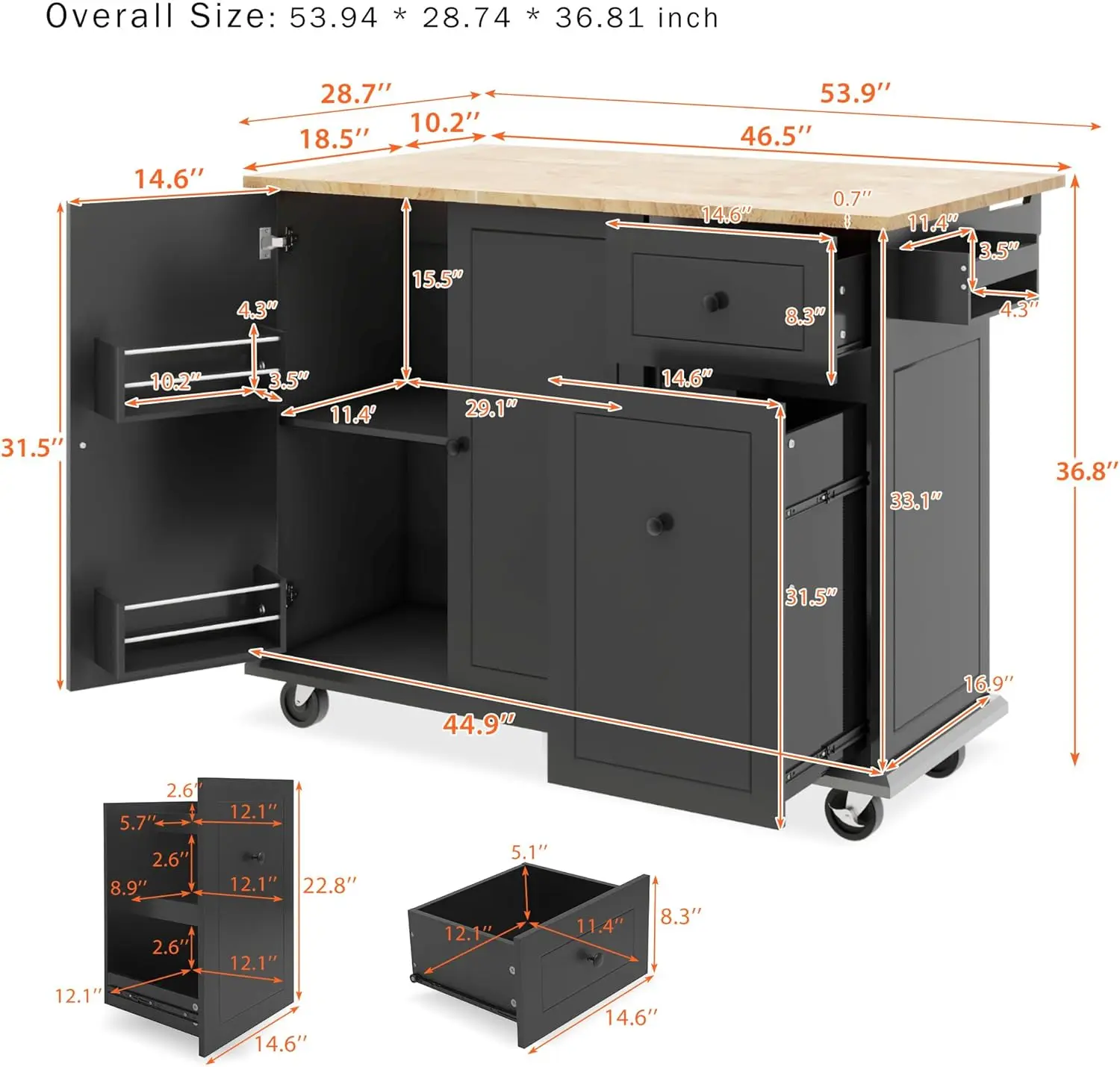 LUMISOL Large Kitchen Island on Wheels with Internal Storage Rack, 53.9