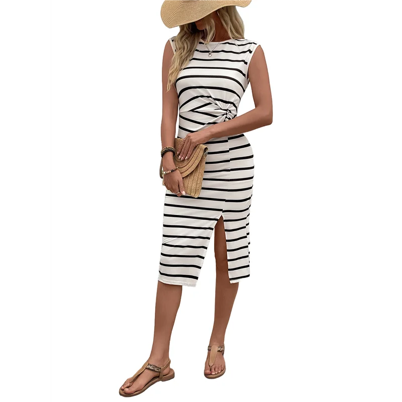 【SEE】 Robe t-shirt mi-longue d'été à rayures torsadées et fendues sur les cuisses pour femmes