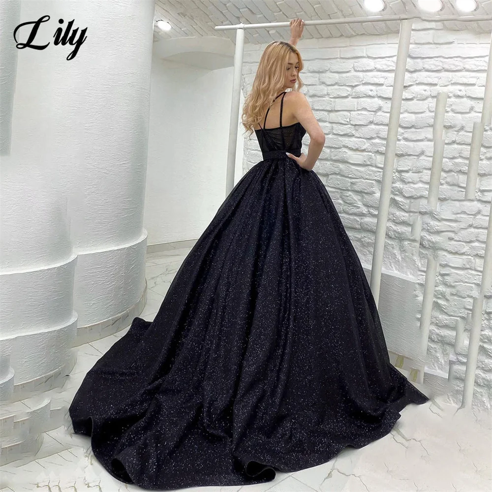 Lily Sequin A Line Black Prom Dresses for Women Spaghetti Strap Sleeveless вечернее платье Sweetheart Custom Color Party Dress