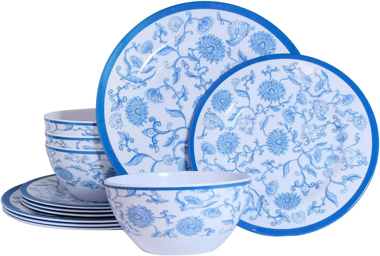 

Melamine Dinnerware Set 12-Piece for 4 Dish Set Plates Bowls Unbreakable Dishware for Indoor Outdoor