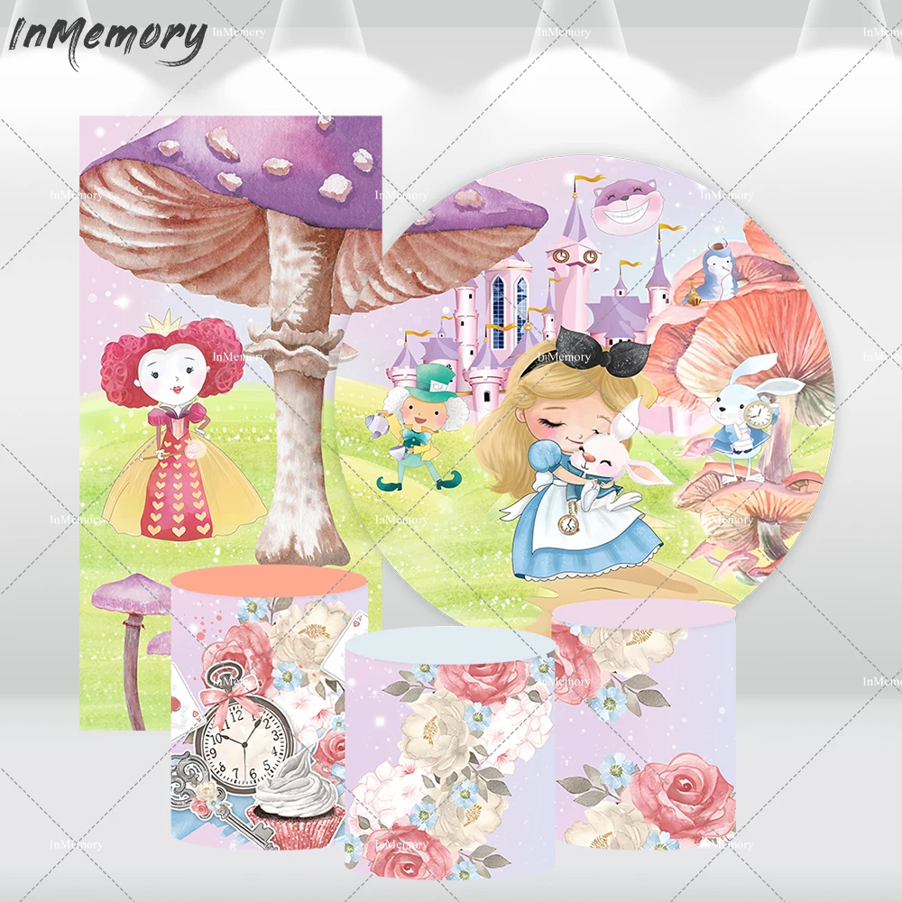 

Fairy Tale Mushroom Arch Backdrop Cover Wall Alice in Wonderland Baby Shower Round Circle Backdrops Photography Cylinder Covers