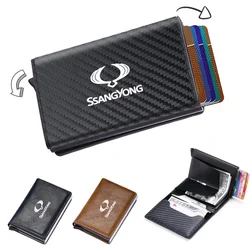 For Ssangyong Rodius Rexton Korando Kyron Carbon Fiber Credit Card Holder Wallets Men Rfid Black Magic Trifold Leather