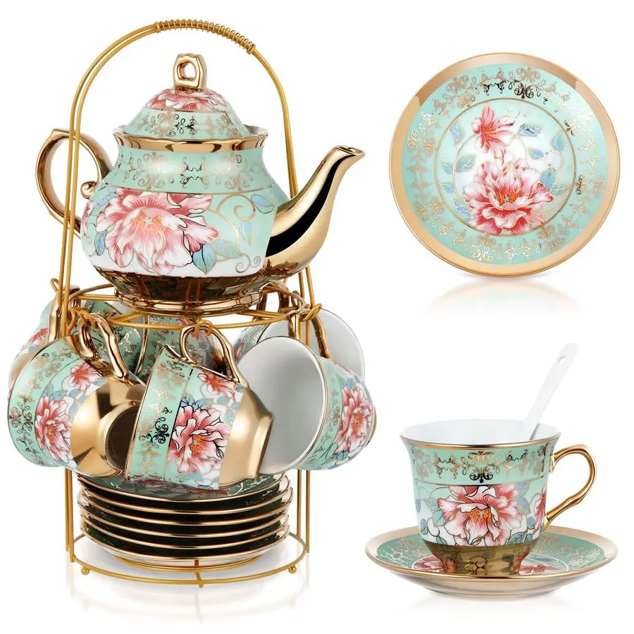 

20 Pcs Porcelain Tea Set with Metal Holder and Spoon Adult Ceramic Tea Set European Flower Painting Teapot Cup Saucer Spoon for