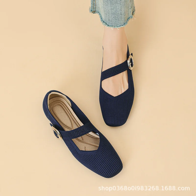 

Princess shoes with square toe and shallow cut, spring/summer style, Mary Jane knit flats with single strap, soft-soled casual