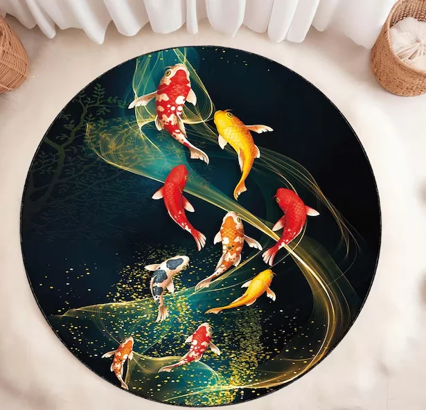 

Круглый ковер Koi Pond Harmony — японский ковер с рыбой кои и водной лилией в стиле рок для домашнего декора в стиле дзен