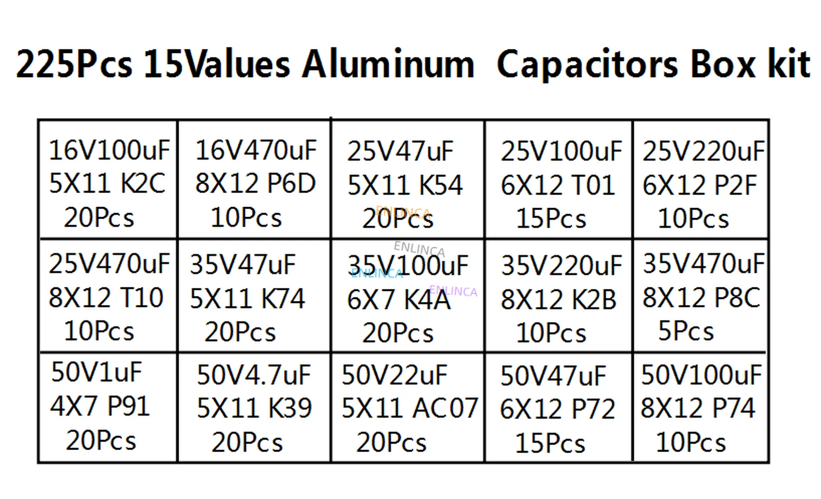 Imagem -04 - Conjunto de Capacitores Eletrolíticos de Alumínio Kit de Armazenamento Sortido 15 Valores 16v50v 1uf470uf Baixo Esr 225 Unidades por Caixa