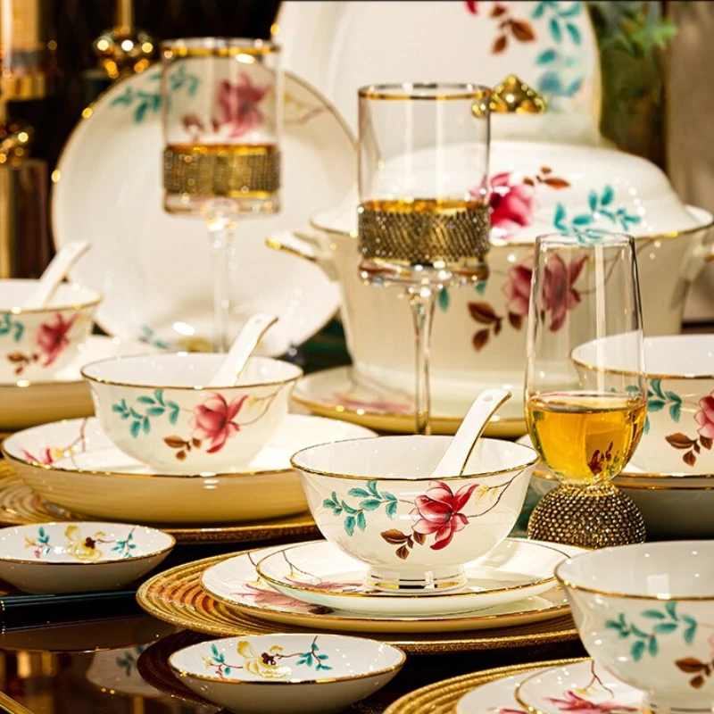 

New Luxury Gold-rimmed Jingdezhen High-end Bone Tableware Bowl Plate Set Home Bowl Plate Chopsticks Combination Moving House