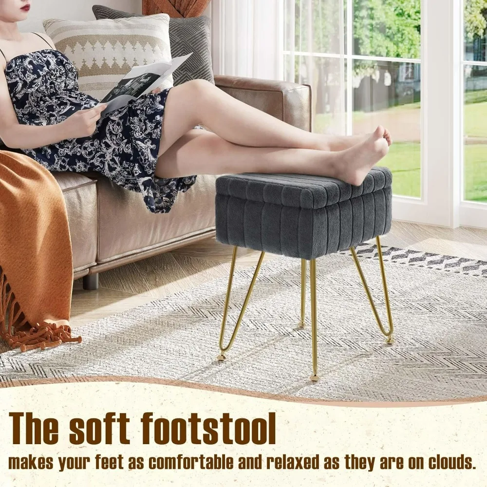 Vanity Stool Chair with Storage, Soft Ottoman 4 Metal Legs with Anti-Slip Feet, Furry Padded Seat, Modern Multifunctional Chairs