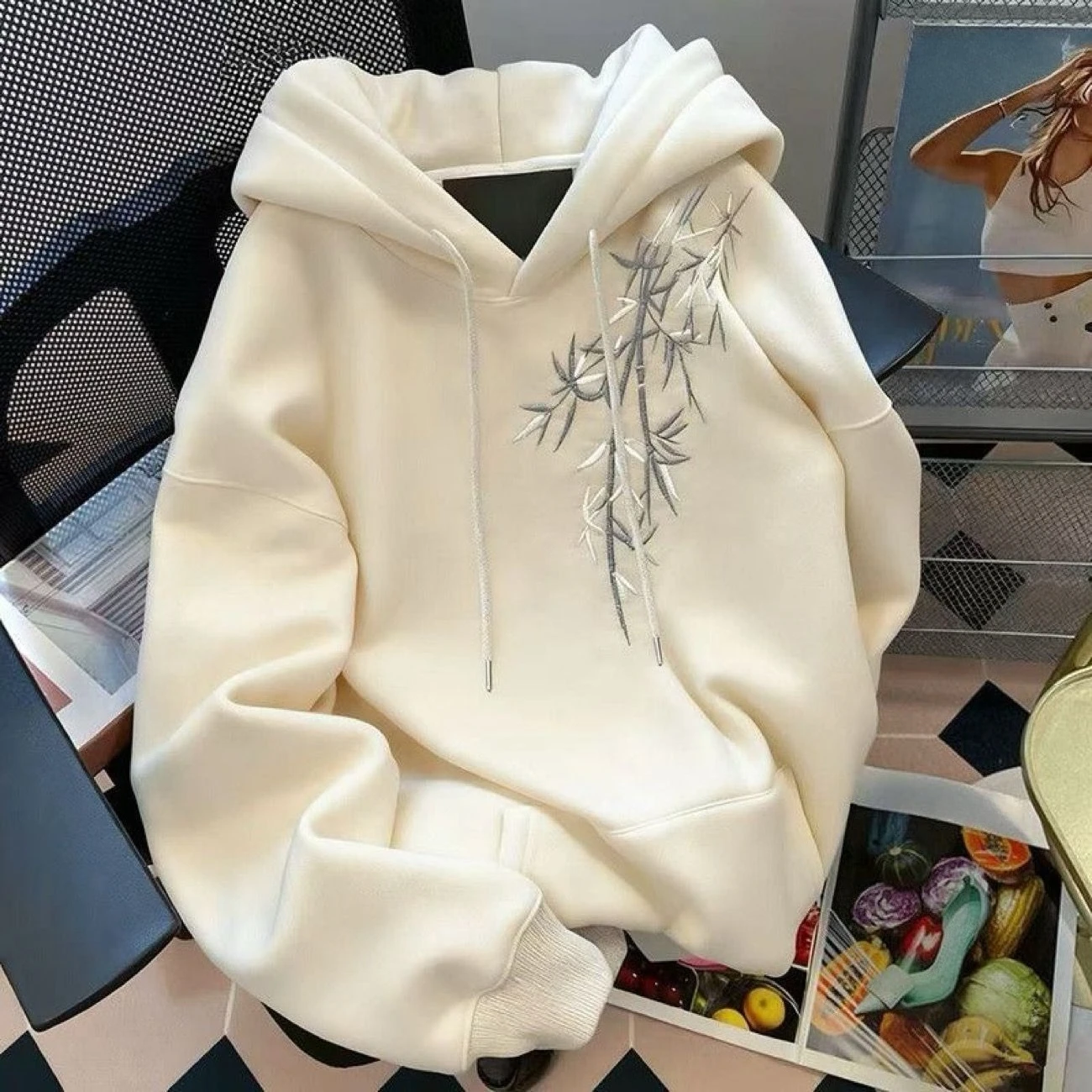 Retro Bamboo Print Hooded Sweatshirt Fleece Lined Loose Pullover Autumn Winter Casual Couple Streetwear Hoodie
