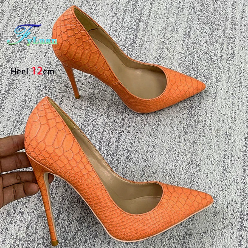 

Новые женские туфли на высоком каблуке, оранжевые сексуальные туфли-лодочки из змеиной кожи с острым носком, модные вечерние платья 8-12 см, женская обувь на шпильке 45