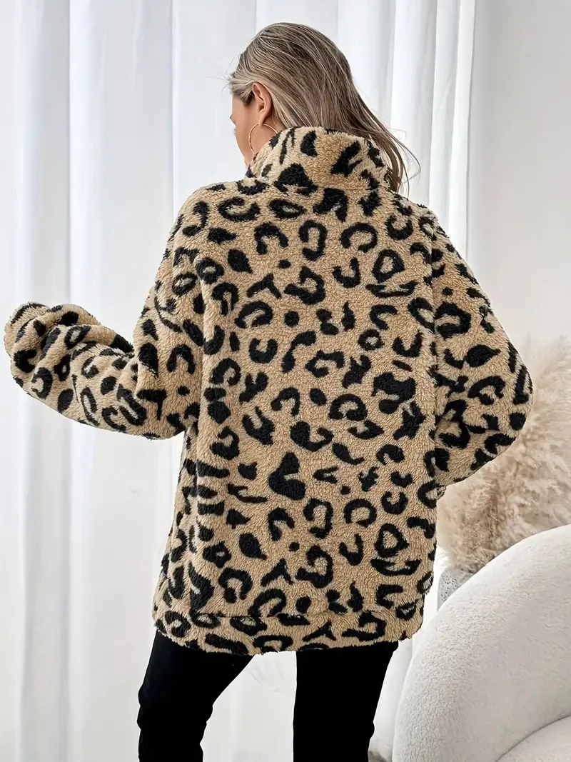 Fashion Leopard Print Sweatshirt For Women Autumn Winter New Casual Warm Plush Long Sleeve Stand Collar Zipper Pocket Top