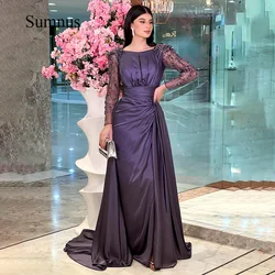 Sumnus Dubai Mermaid Evening Dresses Beads Long Sleeve Ruched Satin With Train Evening Prom Gowns Elegant Vestidos de Fiesta