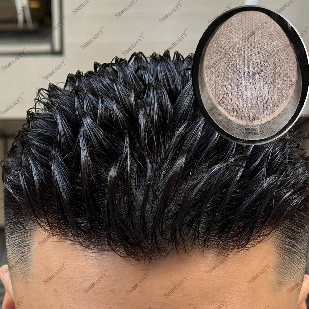 

Мужской парик из натуральных волос премиум-класса с шелковым верхом, натуральный цвет, с искусственной кожей вокруг реалистичного обтягивающего протеза с натуральной линией волос, парик