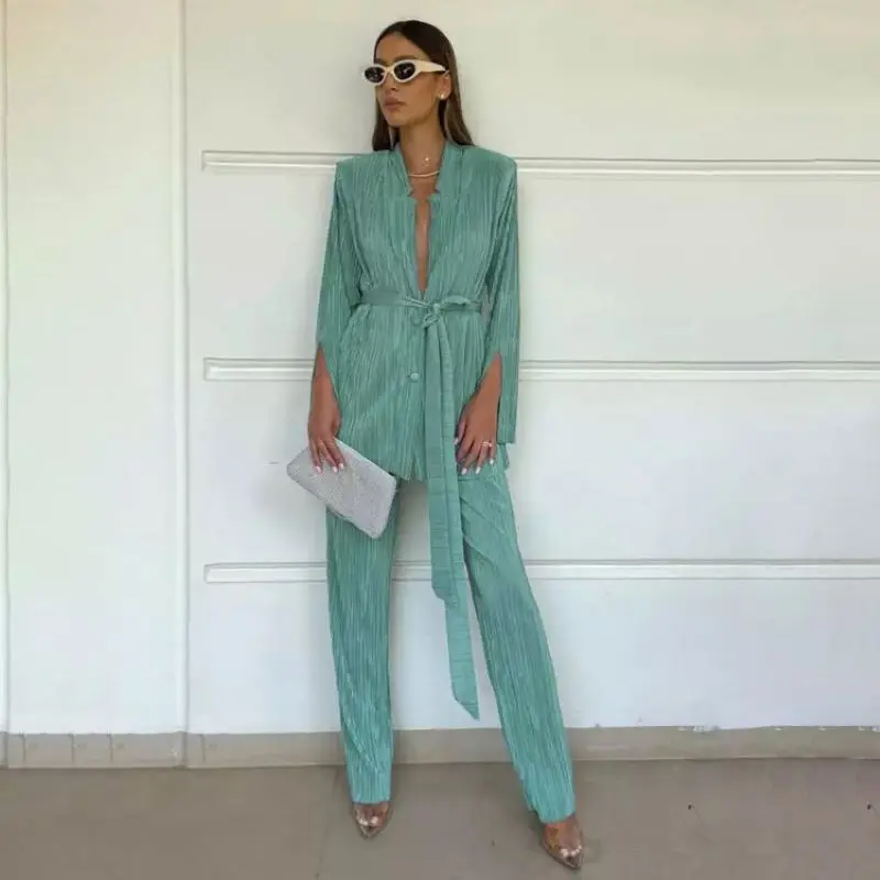 

Fashion Pleated Women's Set Long Sleeve Oversized Shirt with Belt Wide Leg Pants 2023 Elegant Tracksuit 2 Pieces Set Outfits