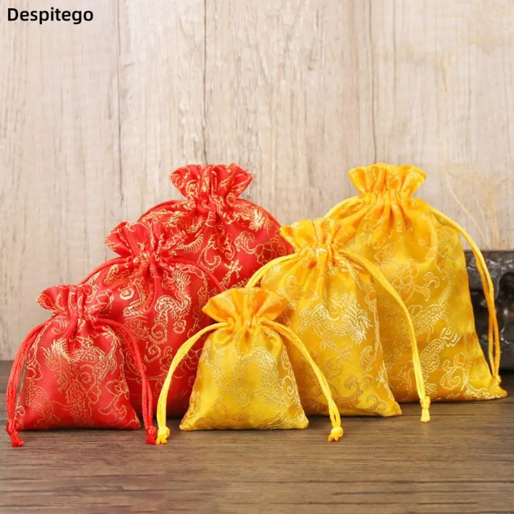 Bolsa de azúcar con cordón de flores bordadas de estilo chino, bolso de mano de flores de dragón, bolsa de almacenamiento de gran capacidad de estilo étnico