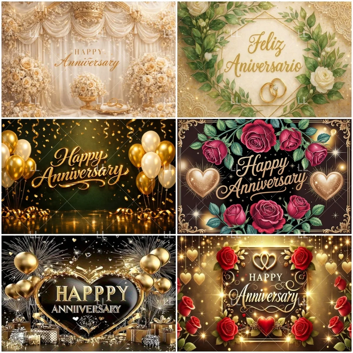 

Happy Anniversary Birthday Party Decoration Backdrop Balloons Rose Flower Love Ring Photography Background Celebrate Studio Prop