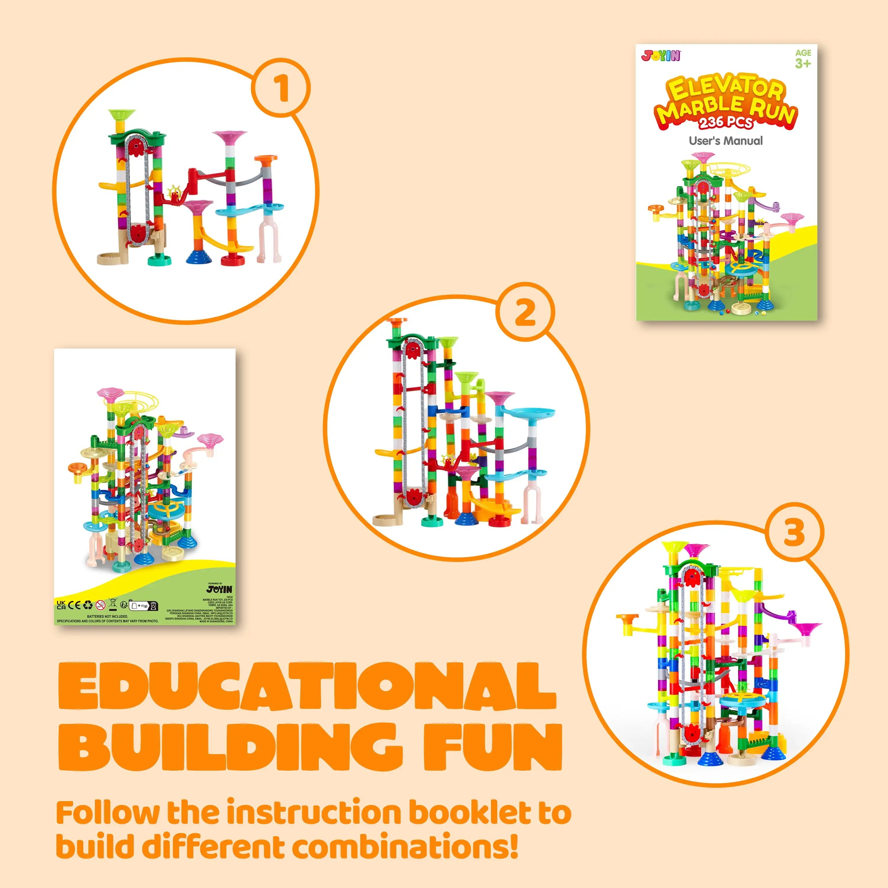 Joyfy 236 قطعة من الرخام المتوهج مع مكعبات بناء مصعد آلي مجموعة ألعاب تعليمية جذعية للأطفال من سن 4 إلى 8 سنوات