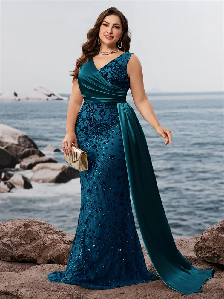 

Lucyinlove Plus Size Elegant V-neck Splice Sequins Evening Dress Sleeveless Mermaid Formal Luxury Party Streamer Cocktail Gown
