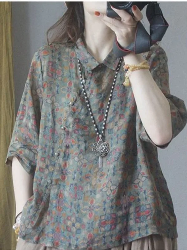 

Женский хлопковый топ больших размеров в стиле ретро с цветочным принтом ort Sve irt, летний утягивающий воротник на пуговицах, обычный тонкий топ для поездок на работу