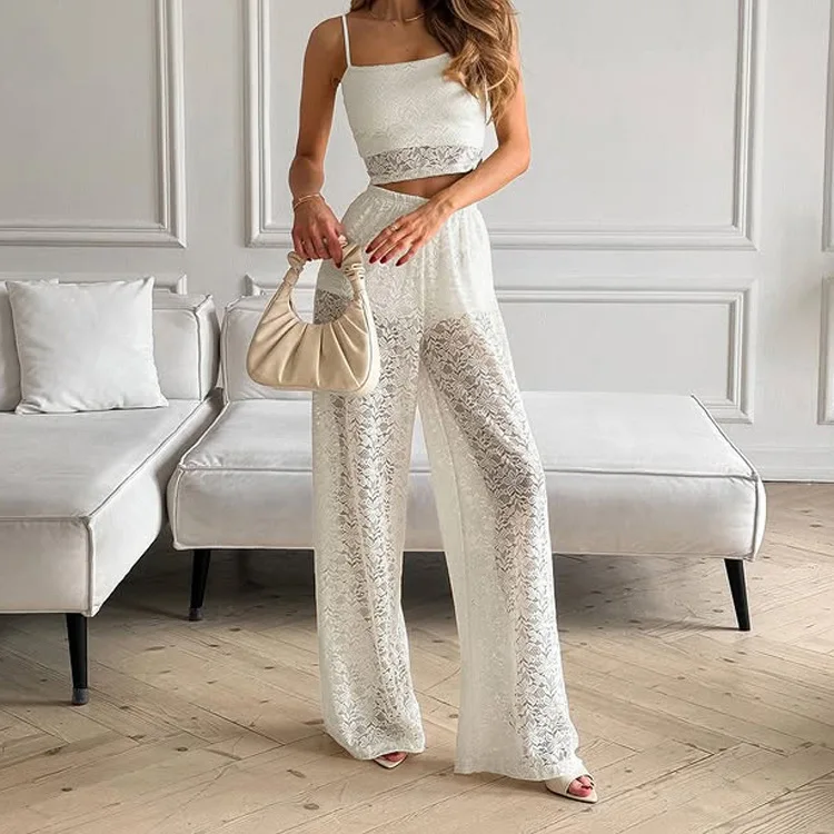 

Women Fashion Hollow Out 2 Piece Suit Sexy Lace Embroidery Solid Summer Sets Elegant Off Shoulder Sling Top & Long Pant Outfits