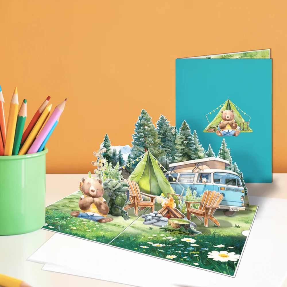 Elegant 3D Pop Up Card Bear Camping Theme Creative Paper Craft Greeting Card For Birthday Valentine Holiday Celebration