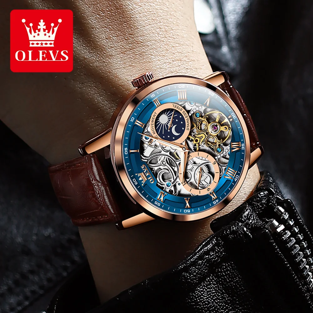 OLEVS 6670 Moon Phase Mechanical Watch For Men 44mm Big Dial Luxury Original Top Brand Man Watch Hollow Skeleton Leather Watches