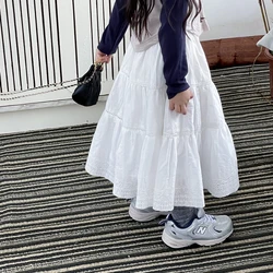 Girls French Lace Embroidery White Skirt Korean Spring Summer New Baby Girl Retro High Waist Draped A-Line Long Skirts