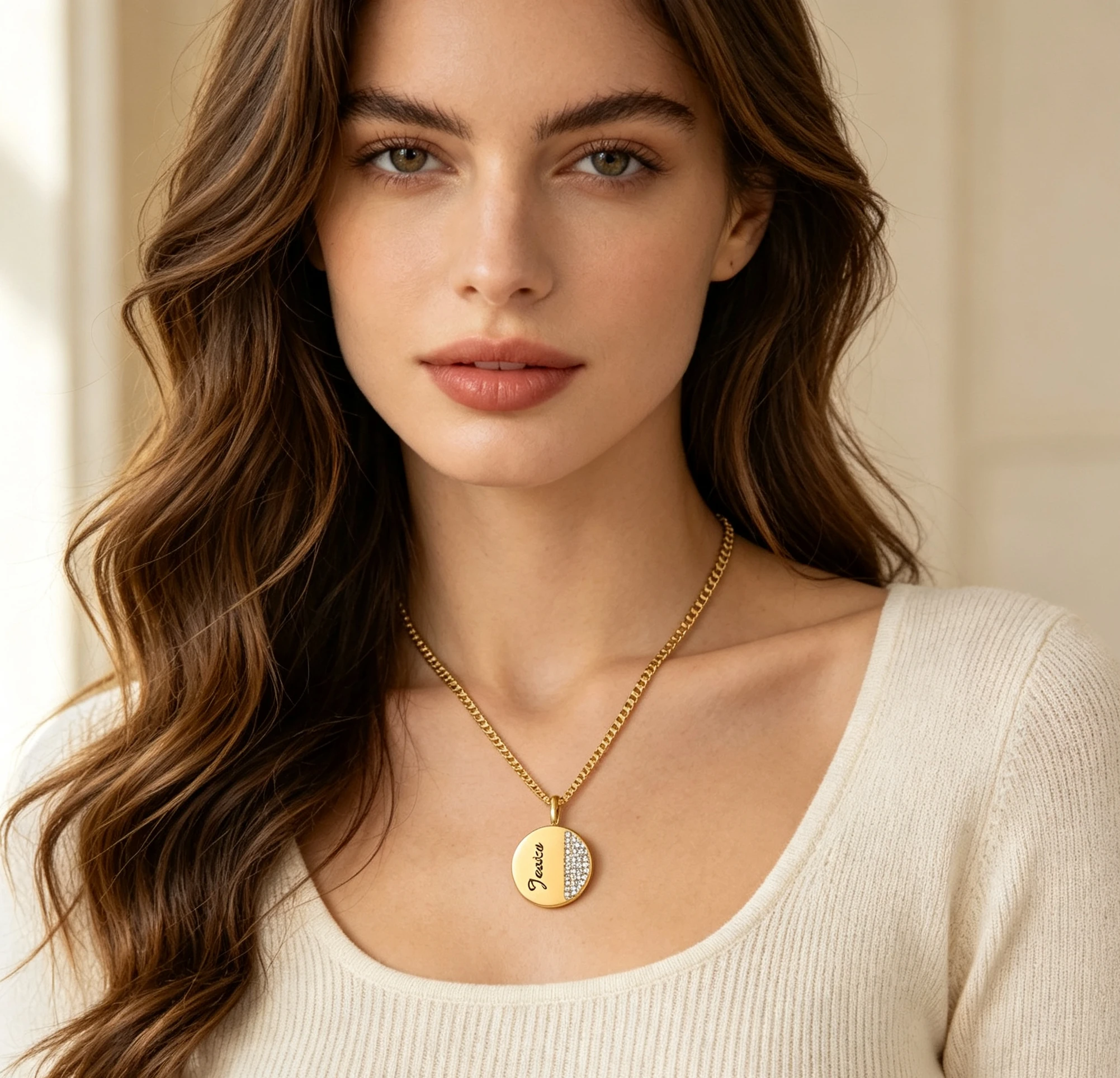 18K Gold Plated Engravable Blessing Lab Made Emerald Pendant Necklace-Round