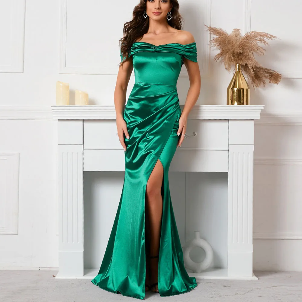 

Yeinchy sexy women off Shoulder strecth Satin folds Maxi Dress ladies evening floor length dress split Long Dress by2215