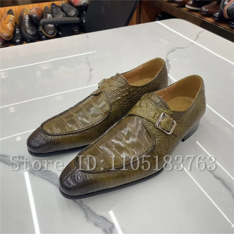 Crocodile Pattern Embossed Men's Business Shoes Vintage Olive Green Genuine Leather Buckle Strap Low Heel Formal Dress Oxfords