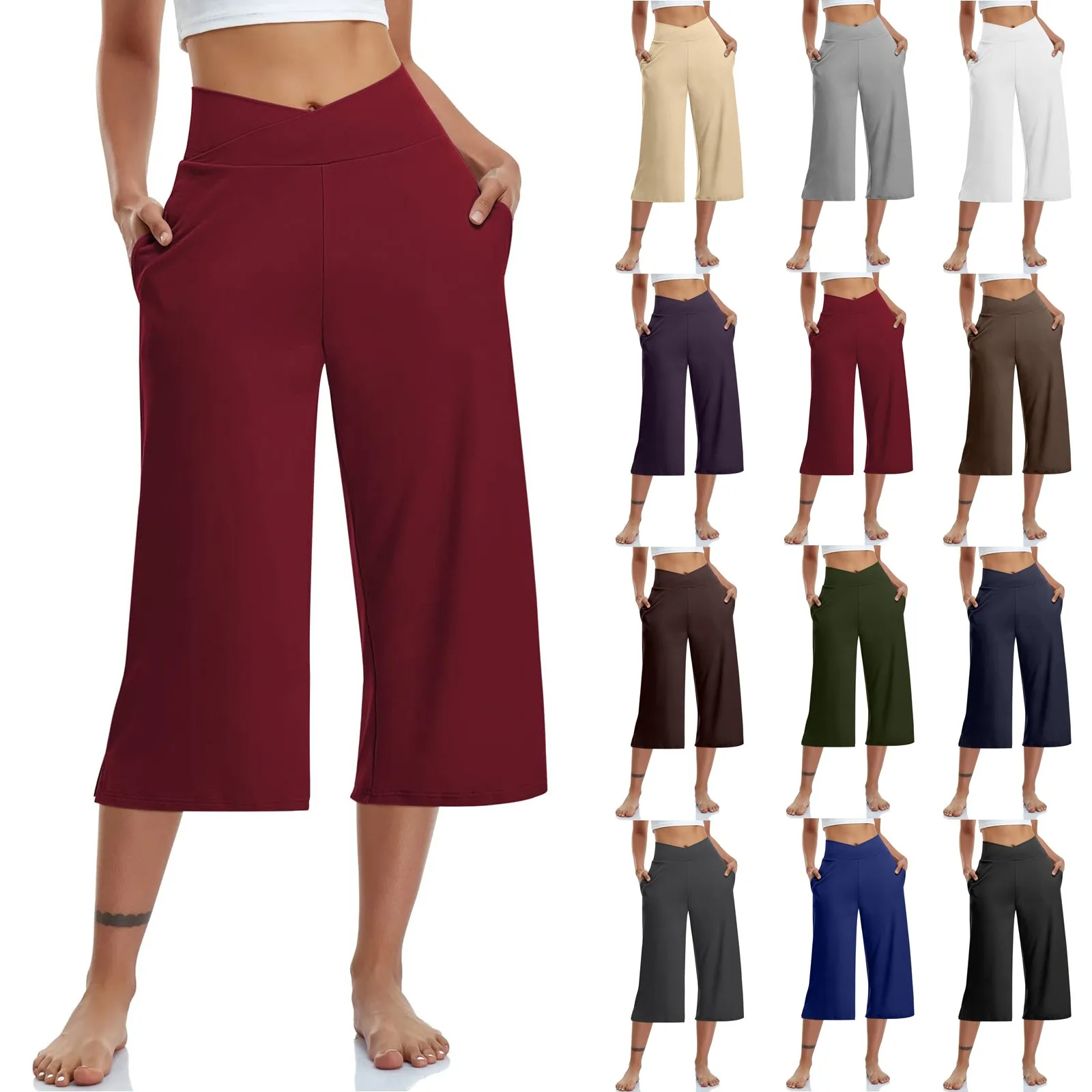 Women  Elastic High Waist 3/4 Pant Casual Active  Fit Wide Capris Leg Pants Trousers With Pockets Pants for Women Women’s Pants