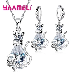 Hot Sale Christmas Birthday Gift for Girls 925 Silver Color Cubic Zircon Cute Cat Pendant Necklace Earrings Jewelry Set