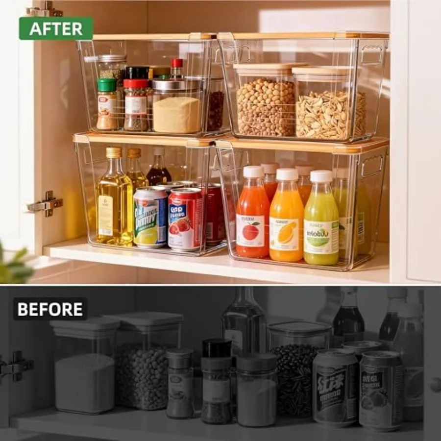 4 Pack Clear Storage Bins with Bamboo Lid, Garbage Bag Dispenser, Pantry Organizers and Storage for Onion Potato, Under Sink Or view 6