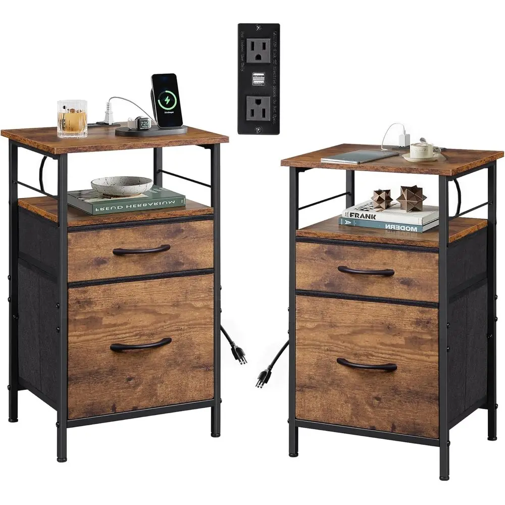 

Rustic Brown Dual-Purpose Nightstand with Charging Station, USB Ports, and Outlets for Bedroom