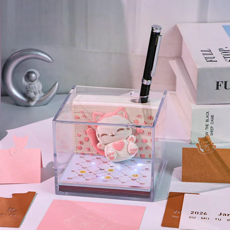 

2026 3D Time Piece Calendar Desk With Led Light Tear-away Paper Carving Art Memo Pad Notepad Gift Christmas