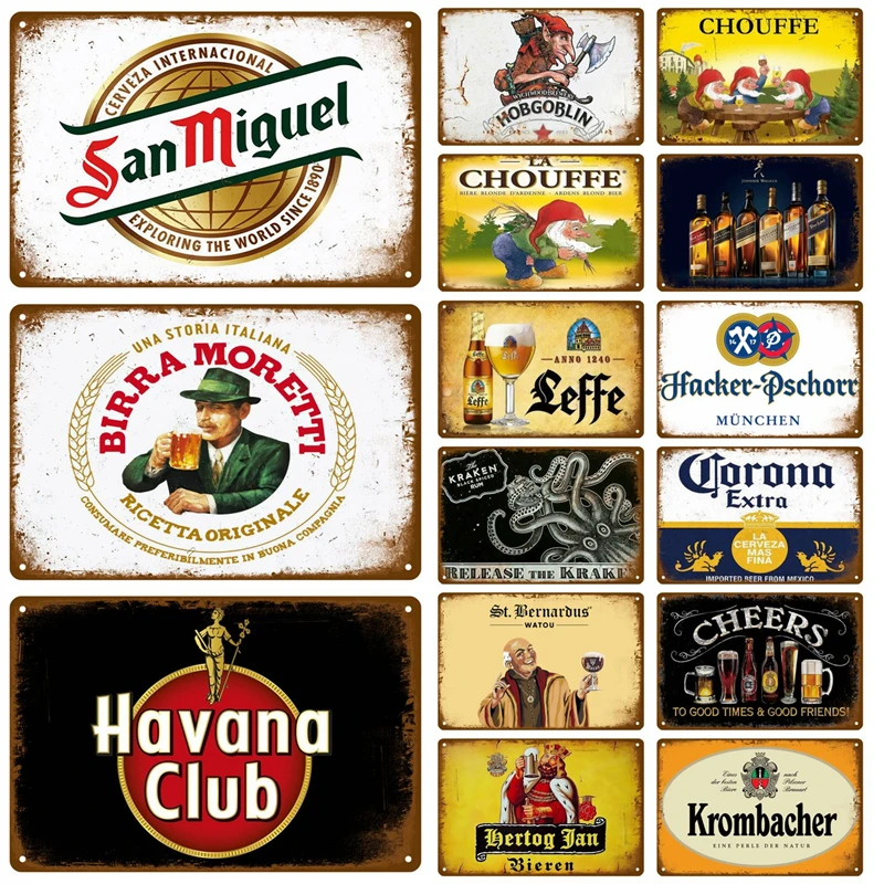 Vintage Beer & Liquor Brand Logo Tin Signs Set, Retro San Miguel Birra Moretti Havana Club Metal Wall Art, Rustic Decor Plaques