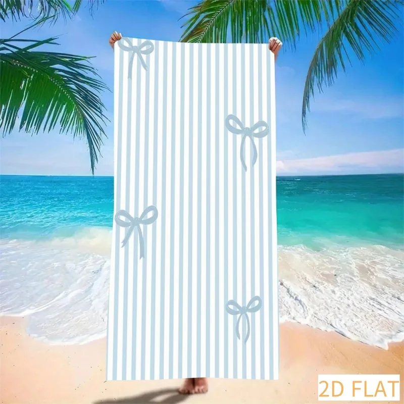 Blue Striped Beach Towel - Super Absorbent Quick Dry Microfiber with Bow Pattern, Soft Sand-Free Blanket for Picnic