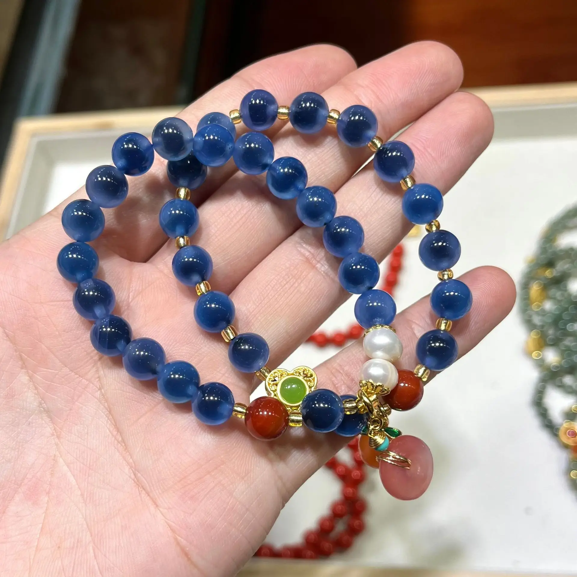 Chinese Wind New Half Sugar Blue Sugar Heart Agate Jewelry Women's Little Red Book Same Blue Pearl Bracelet Peach Safety Buckle