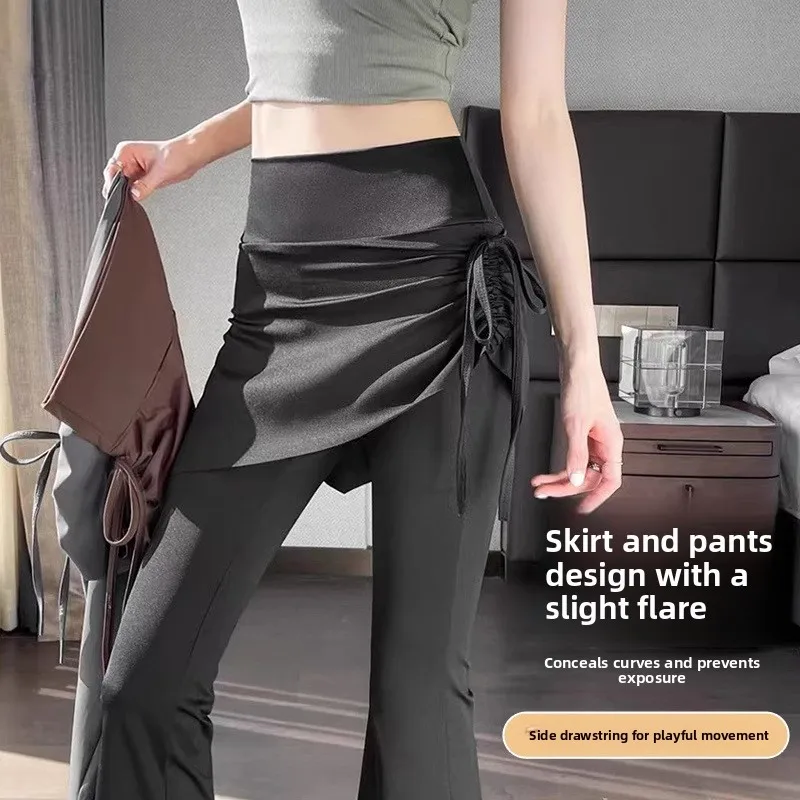 High Waist Yoga Pants Skirt Fake Two-Piece Fitn Pilates Women's Bell Bot Long Trousers Drapey Cosite Fabric