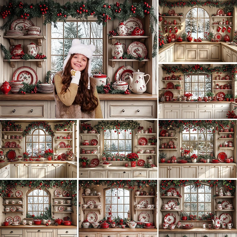 

LS Photography Background Winter Christmas Kitchen Cupboard Xmas Tree Kids Family Portrait Decor Backdrop Photo Studio