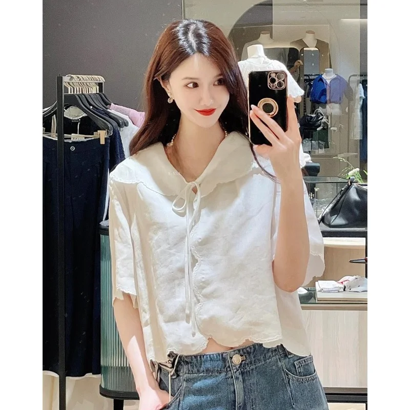เสื้อผ้าผู้หญิง MICOAT รุ่น Summer 25 คอปกปักลายลูกไม้ แต่งขอบผ้าลินินทรงหลวม สองสี สไตล์ฝรั่งเศส แขนสั้นลำลอง