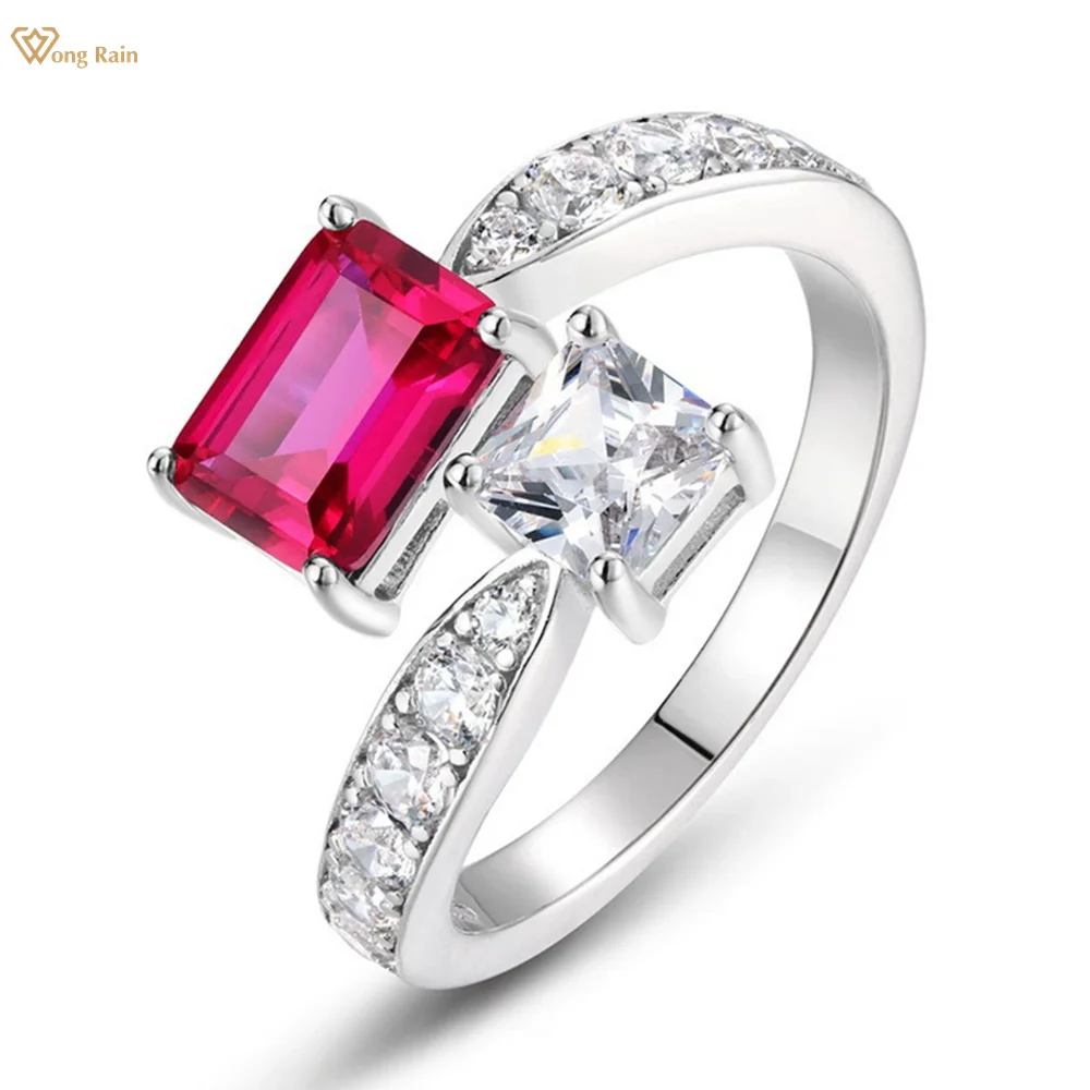 

Wong Rain 925 Sterling Silver Emerald Cut Ruby Emerald High Carbon Diamond Gemstone Open Rings Fine Jewelry Anniversary Gifts