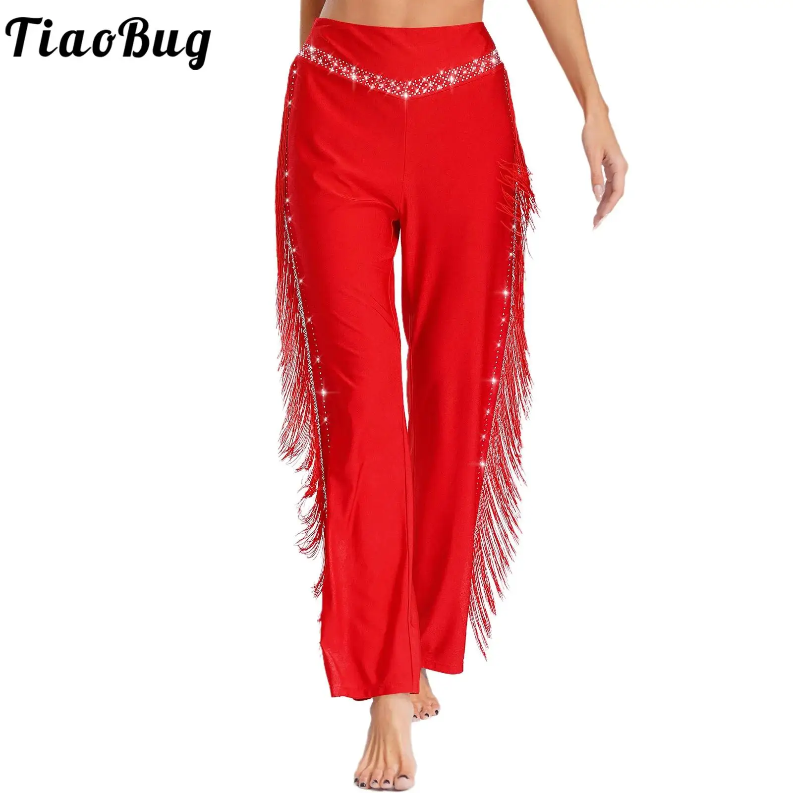 

Women Latin Jazz Dance Costume Pants Elastic Waistband Tassels Shiny Rhinestones Pants for Salsa Cha-Cha Competition Performance