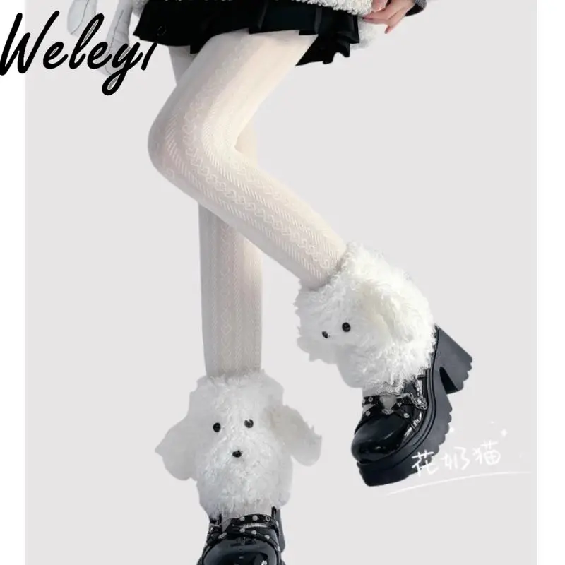 Cute Jirai Kei Plush Wool Rolled Socks Cover Autumn and Winter New Warm Lolita Women's Dog Ears Short Calf Cover Fluffy Socks