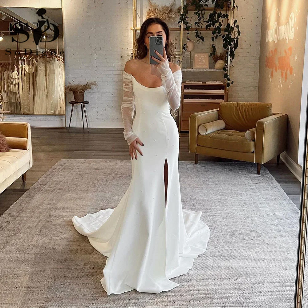 SoDigne Beads Pearl Mermaid Wedding Dresses Soft Satin Beach Bridal Gowns V-Neck Women Side Split Wedding Party Gown